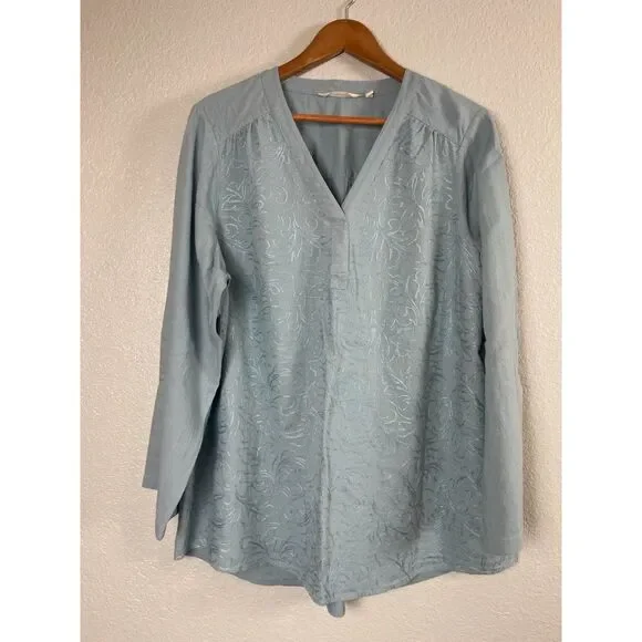 Soft Surroundings Women's Plus Size 1X Blue Tunic Top Embroidered Linen Blend - Picture 1 of 6